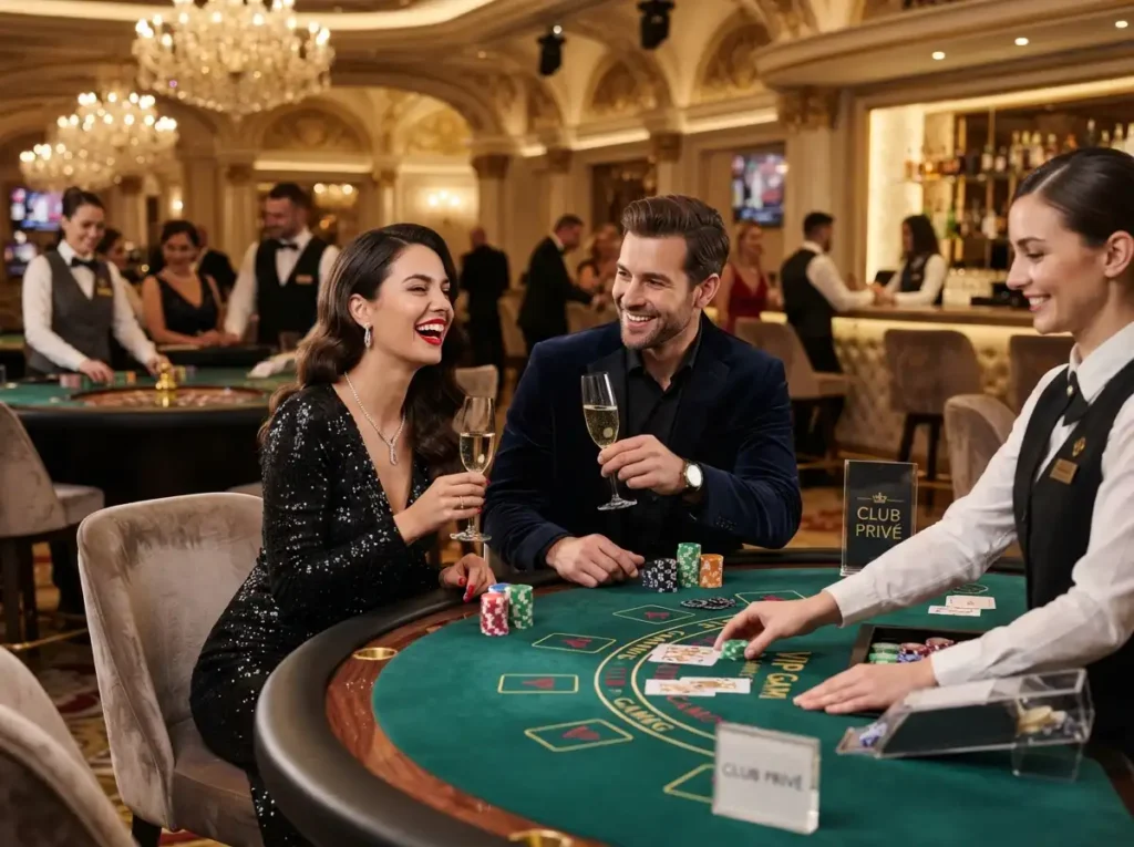 Glamorous couple enjoying a luxurious gaming experience inside a VIP casino inspired by the excitement of a low deposit online casino.
