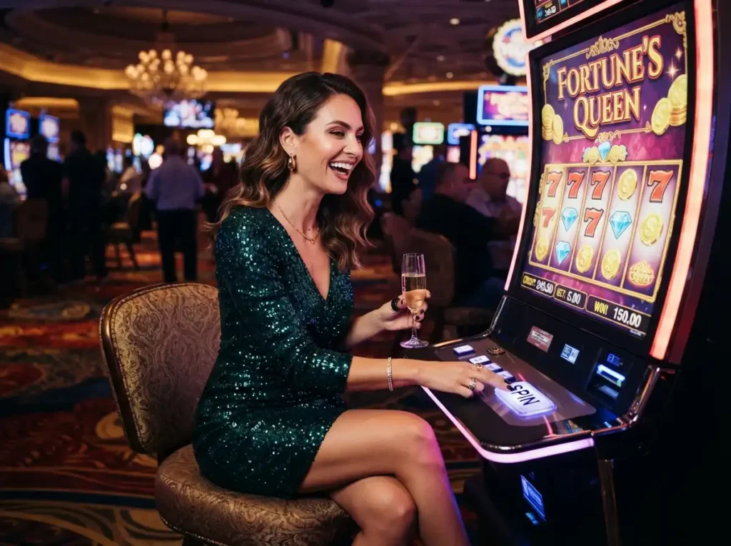 Glamorous woman enjoying a slot machine at a luxury casino, inspired by the excitement of low deposit online casino.