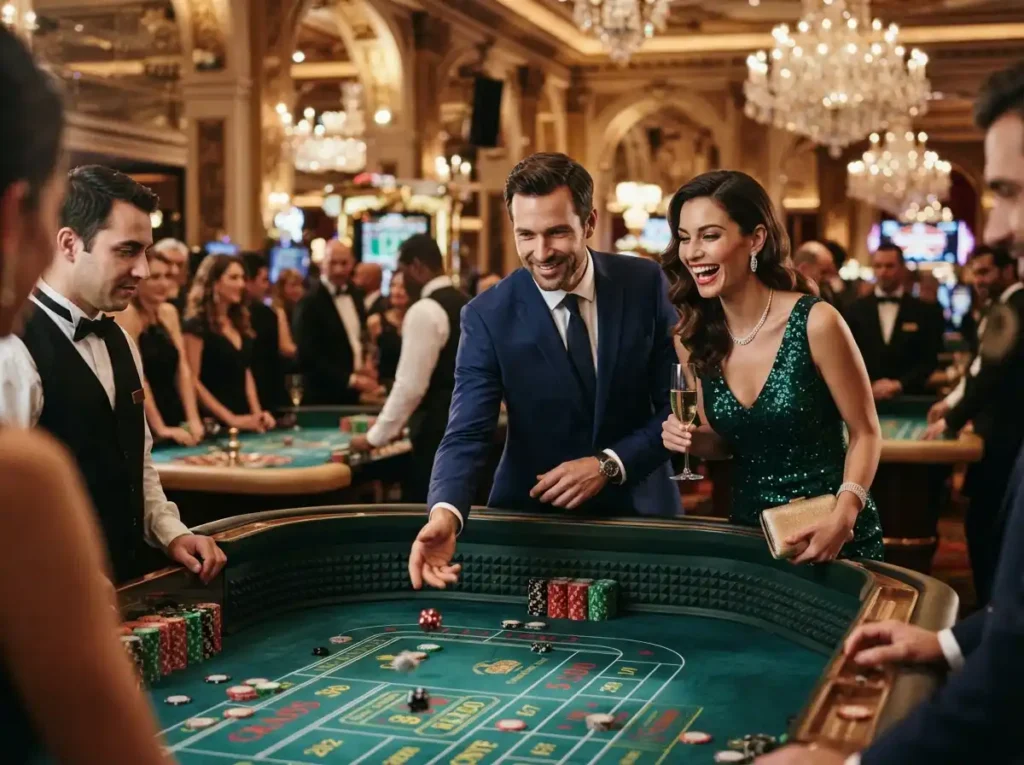 Couple enjoying a luxurious evening while playing at an elegant casino, inspired by the excitement of low deposit online casino.