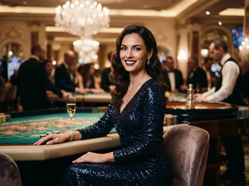 Elegant woman enjoying a table game at a luxury casino, inspired by the excitement of low deposit online casino.