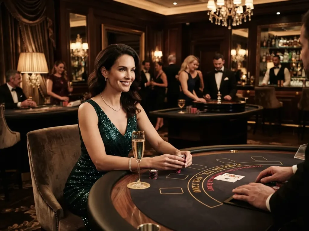 Elegant woman enjoying a relaxing moment in a luxurious casino lounge inspired by the excitement of me777 online casino.