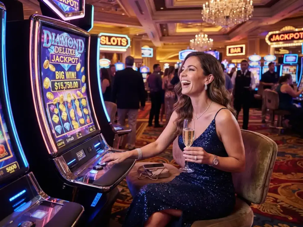 A glamorous woman enjoying a slot machine at a luxury casino while exploring me777 online casino.