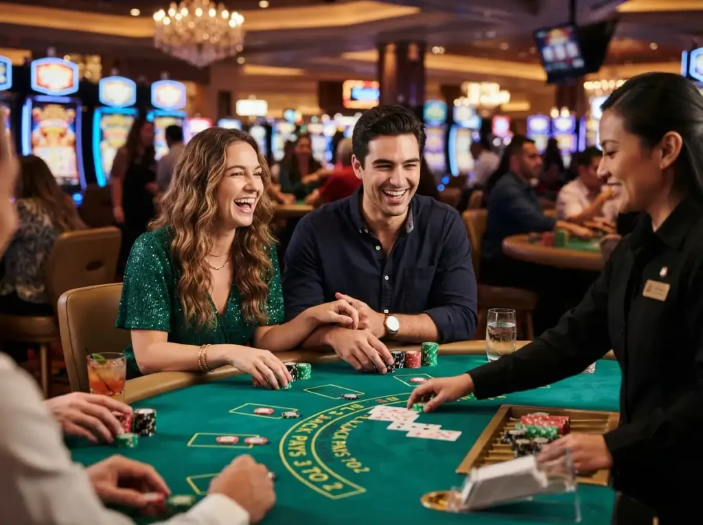 Happy couple enjoying casino games together inside a luxurious gaming venue inspired by the excitement of me777 online casino.