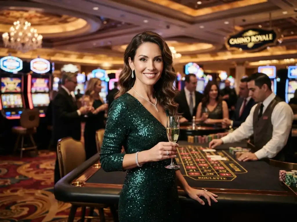 Glamorous woman smiling at the camera while enjoying a game inside a luxury casino, inspired by online casino hacks.