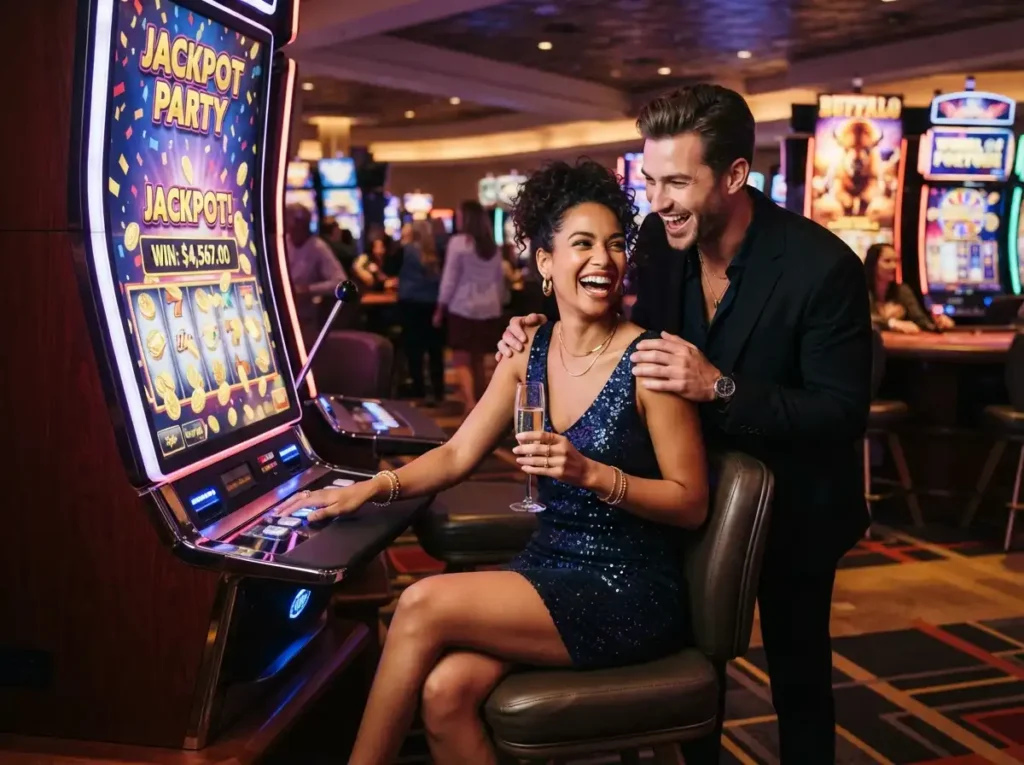 Stylish couple enjoying a slot machine inside a luxury casino with the excitement of online casino hacks.