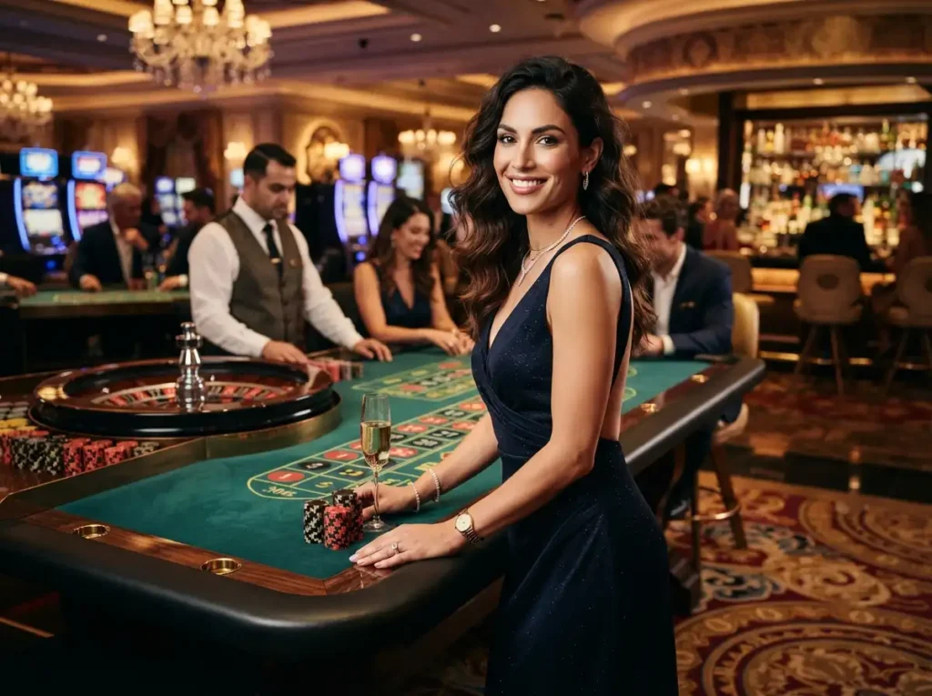 Woman posing confidently at a casino table while representing online casino hacks in a luxury gaming venue.