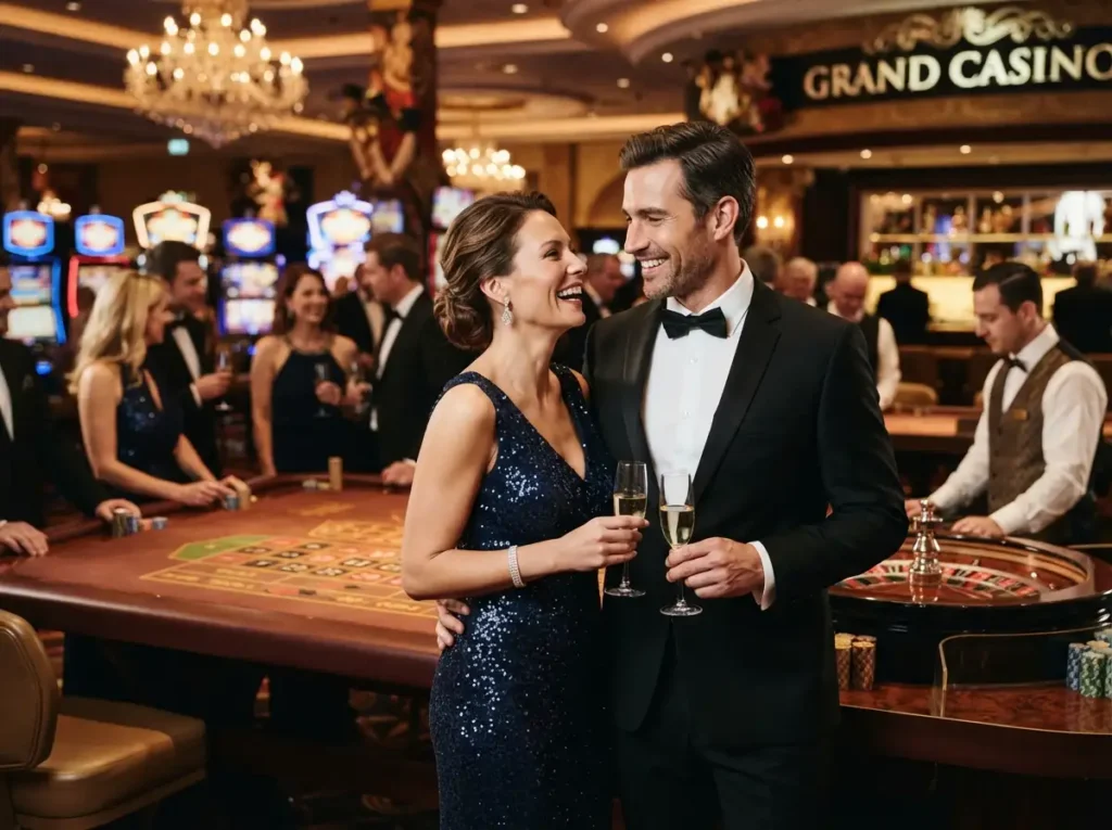 Elegant couple smiling while enjoying a game inside a luxury casino, inspired by the excitement of ph macau online casino.