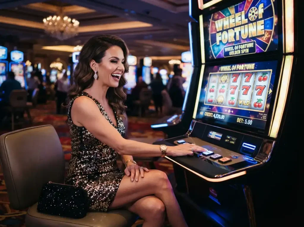 A glamorous woman enjoying a slot machine inside a luxury casino, inspired by the excitement of ph macau online casino.