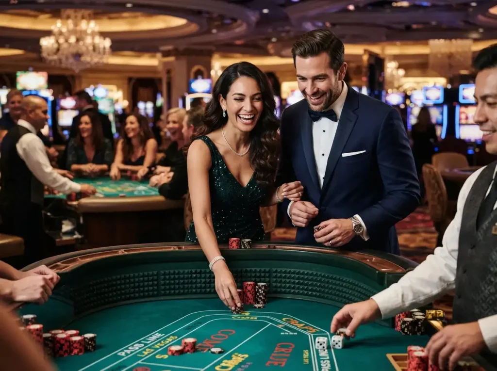 Elegant couple enjoying a table game inside a luxury casino with ph pasay casino online game featured as the gaming brand.