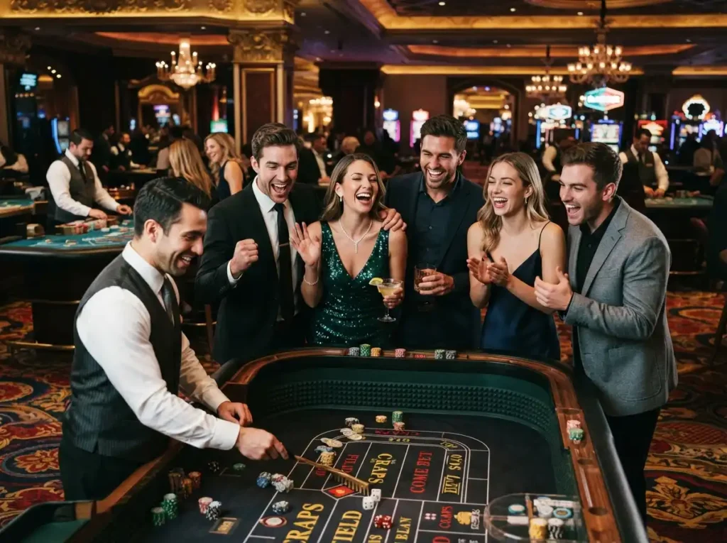 Group of friends enjoying a lively night at a luxury casino while discovering PH Pasay Casino Online Game.