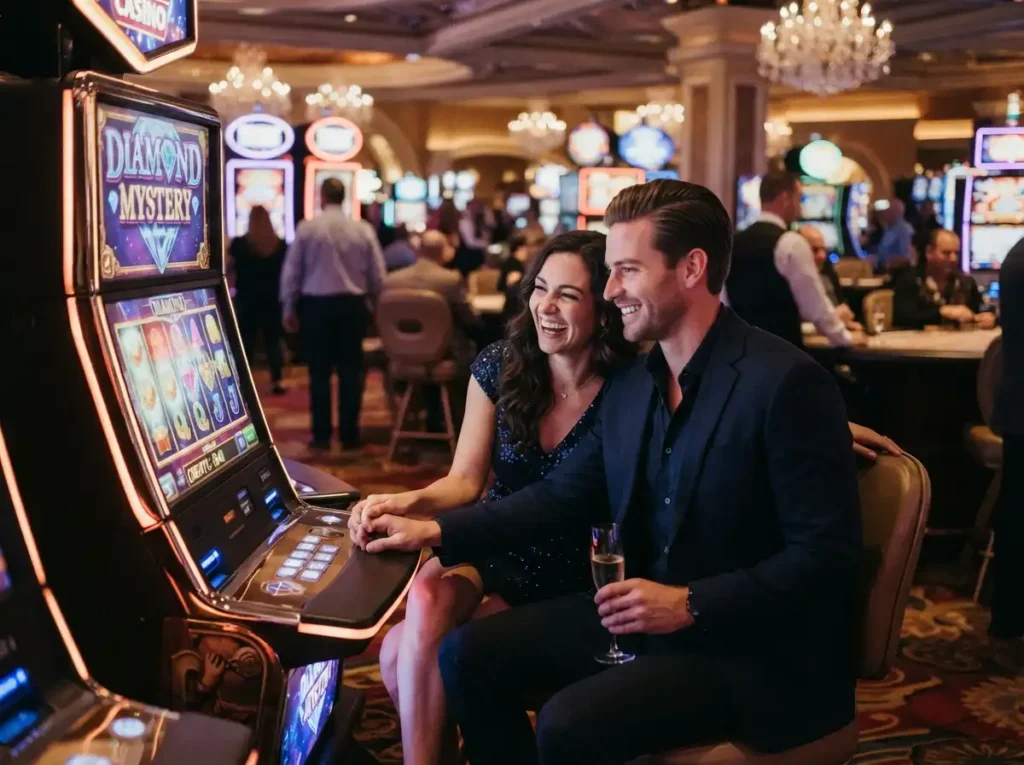 Couple enjoying slot machines during a romantic casino night inspired by the excitement of ph pasay casino online game.