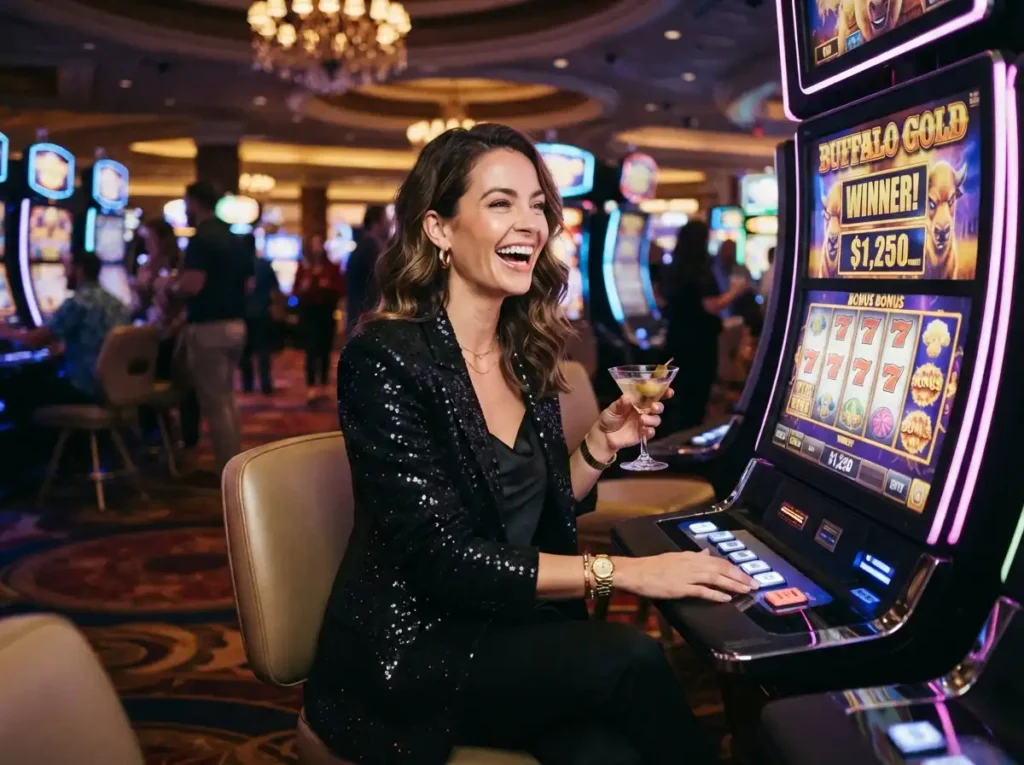Woman enjoying a casino slot game while exploring the excitement of pogo online casino entertainment in a stylish casino setting.