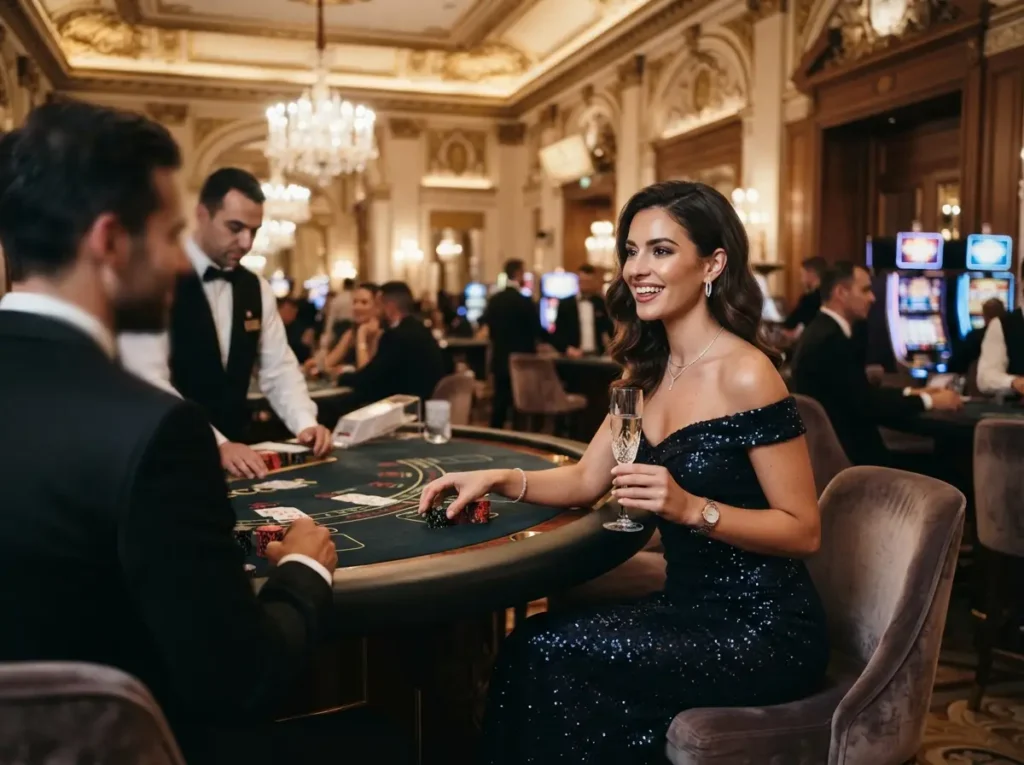 Elegant woman enjoying a luxury casino lifestyle inspired by pogo online casino gaming experiences inside a physical casino setting.