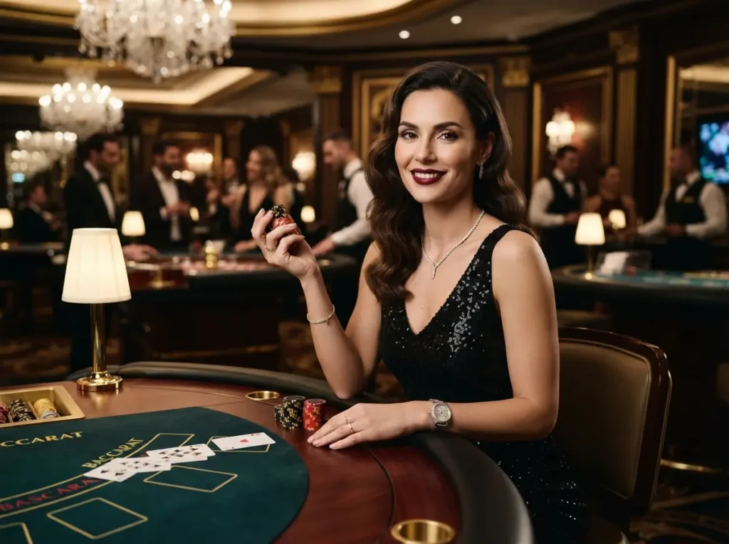 Stylish female guest enjoying a luxurious casino experience, inspired by the elegance of pogo online casino.