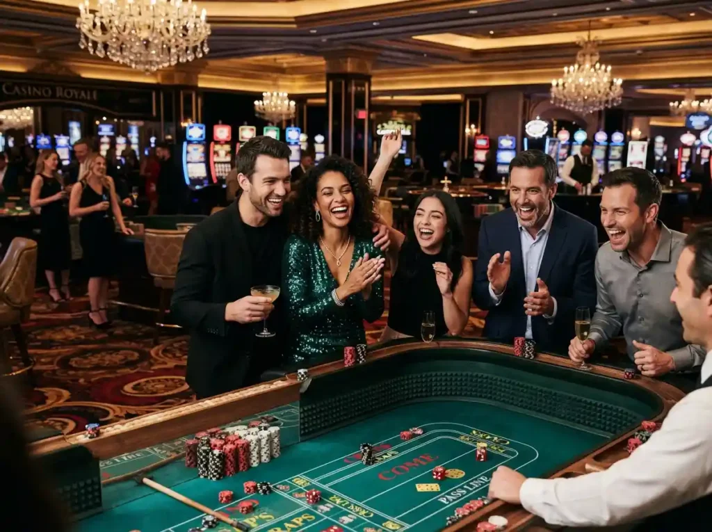 Friends enjoying a lively night at a luxury casino inspired by the excitement of popular online casinos.