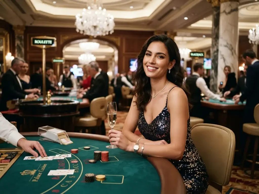 A glamorous woman enjoying a luxurious gaming experience in a casino, inspired by popular online casinos.