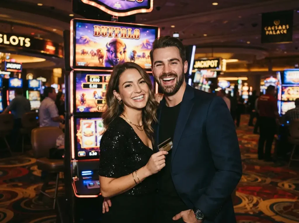 Stylish couple smiling at the camera while playing a slot machine inside a casino with popular online casinos.
