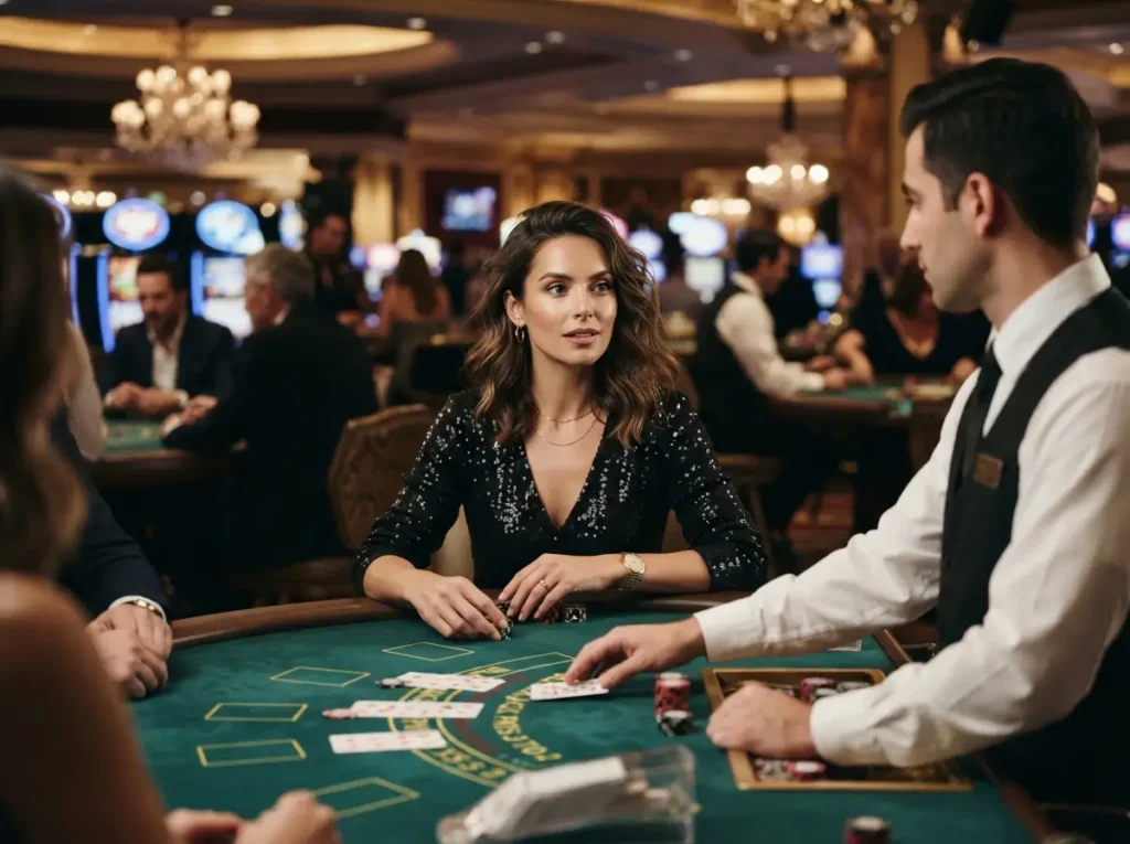 Stylish female player enjoying the casino atmosphere at a gaming table, inspired by Popular Online Casinos.