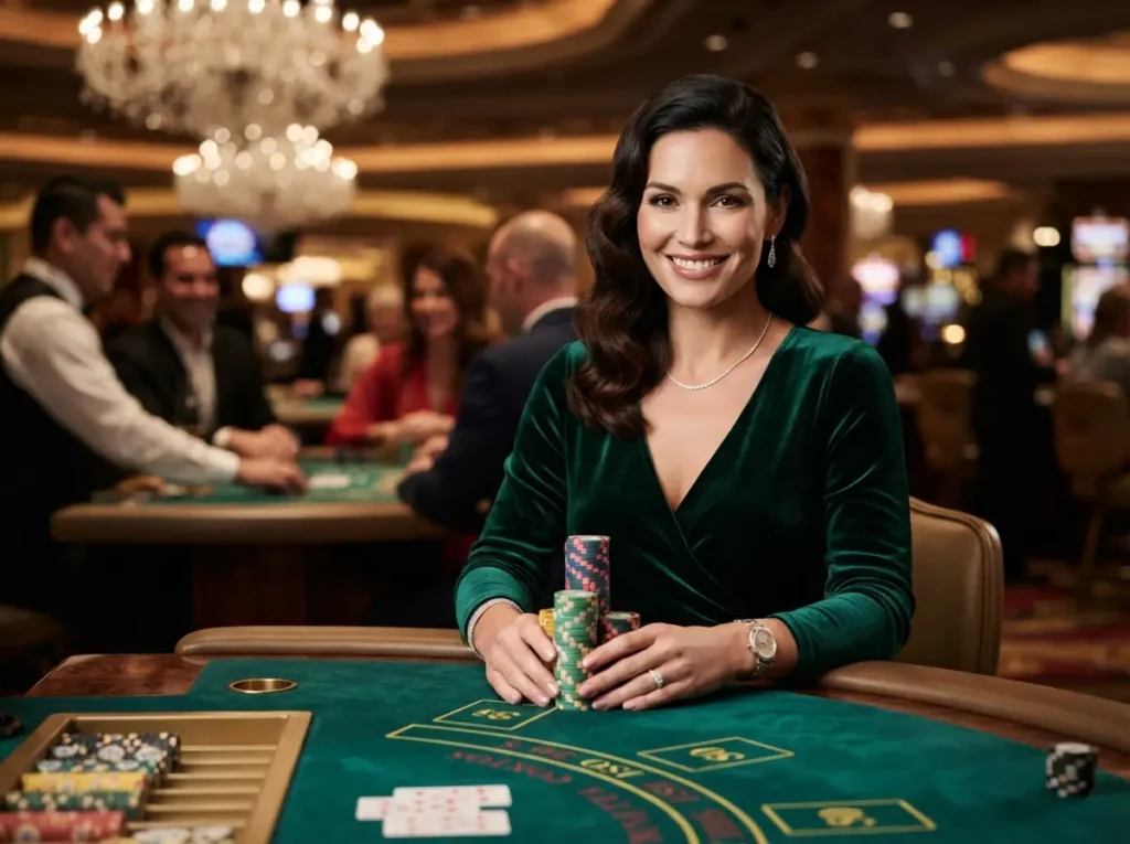 Elegant woman posing with casino chips at a luxurious gaming venue inspired by Wild City Online Casino.