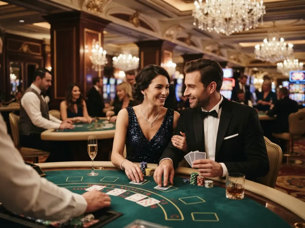 Couple enjoying a luxurious casino date night at a premium gaming floor inspired by the excitement of wild city online casino.
