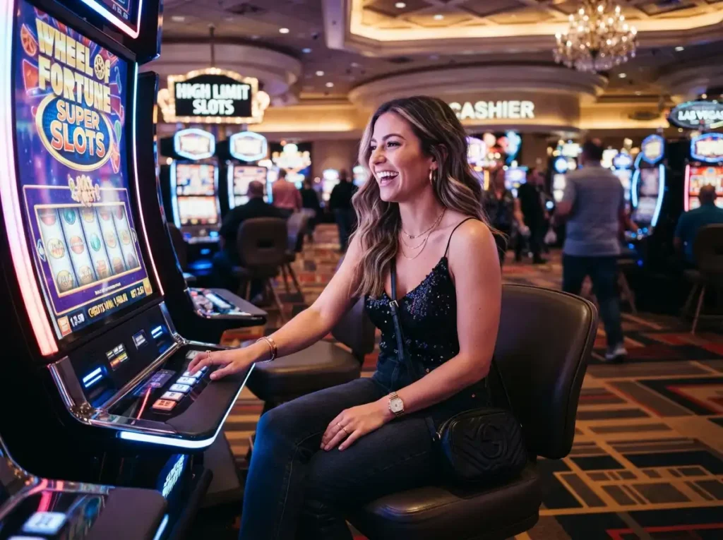 Stylish female player enjoying a slot machine at a luxury casino while exploring Wild City Online Casino.