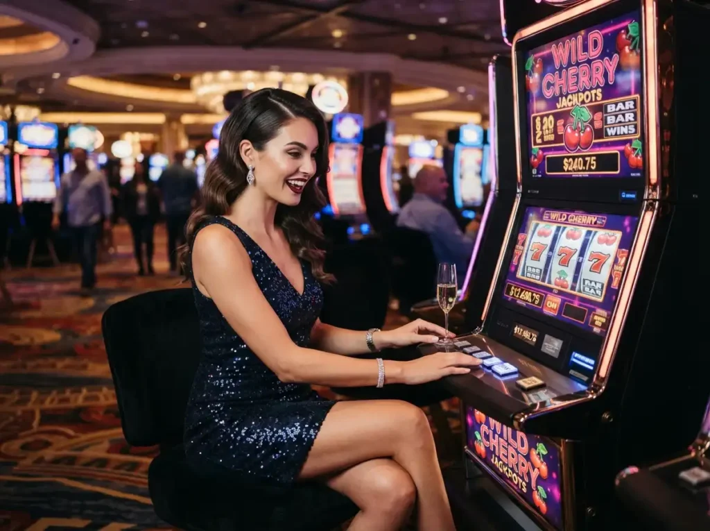 Glamorous woman enjoying a slot machine inside a luxury casino, inspired by the excitement of Zone Online Casino.