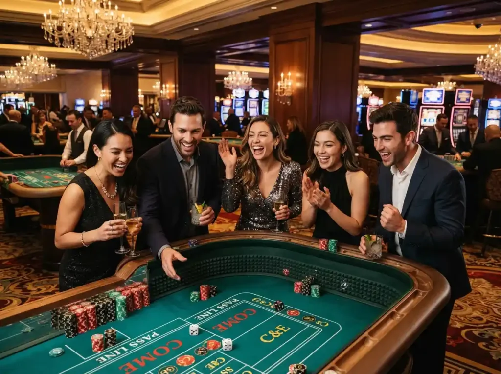 Group of friends enjoying table games inside a luxury casino inspired by the excitement of Zone Online Casino.