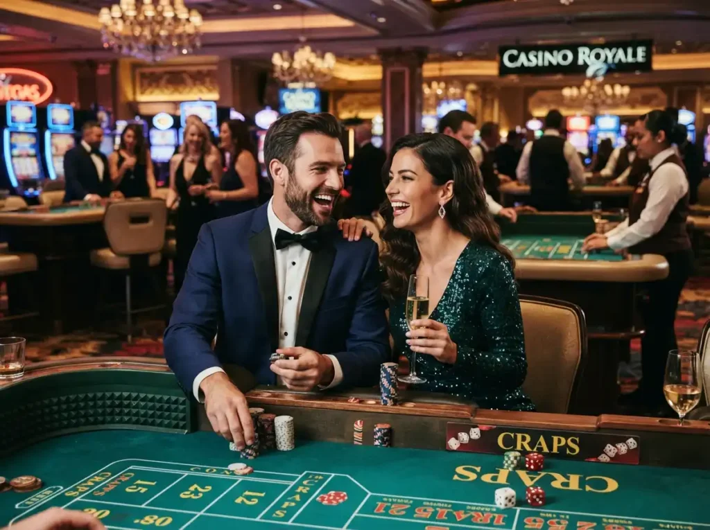 Stylish couple enjoying a glamorous night at a luxury casino while celebrating their zone online casino experience.